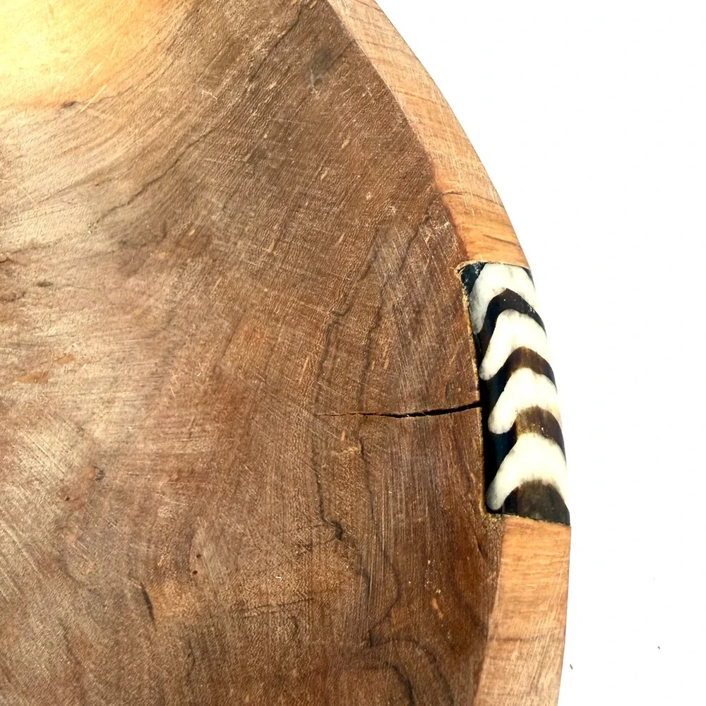 Hand Carved Wooden Bowl with Zebra Pattern Bone Inlay Tribal Boho Decor 11.5 x3
